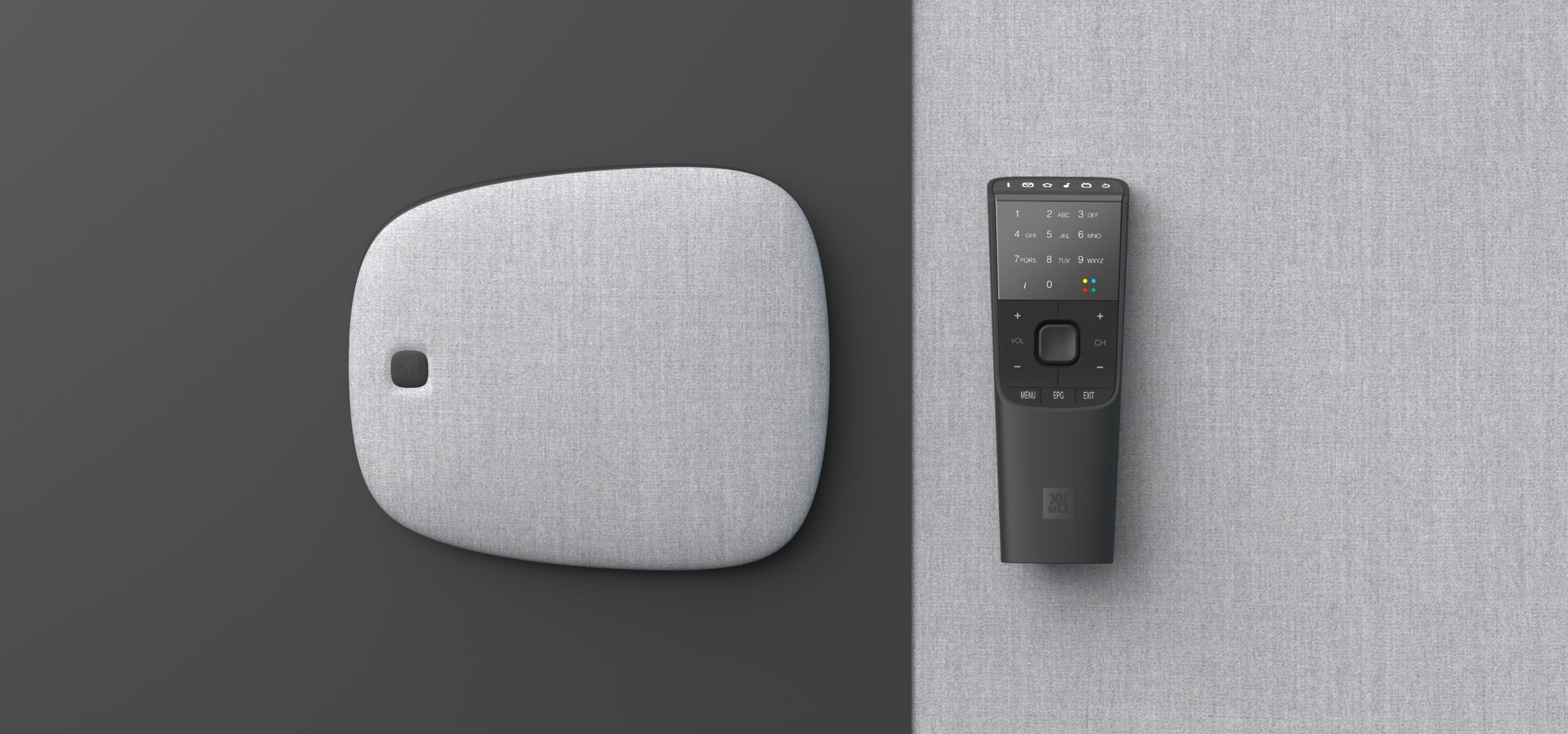 Building a stand-out product identity. Xumo set top box and controller on 2 tone grey background