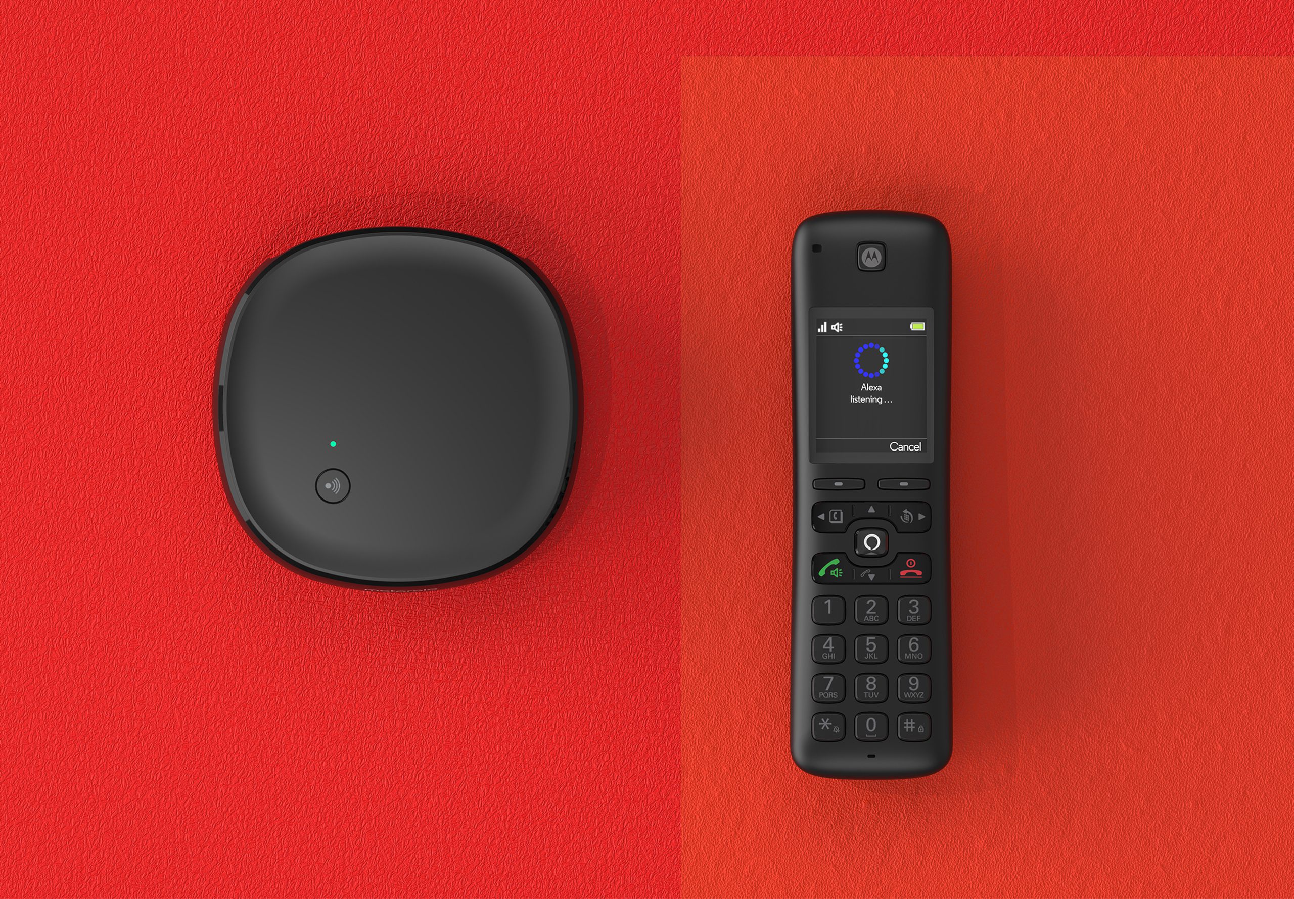 The first Alexa-powered phone blends tech and lifestyle design. Alexa home phone for SGW on red background