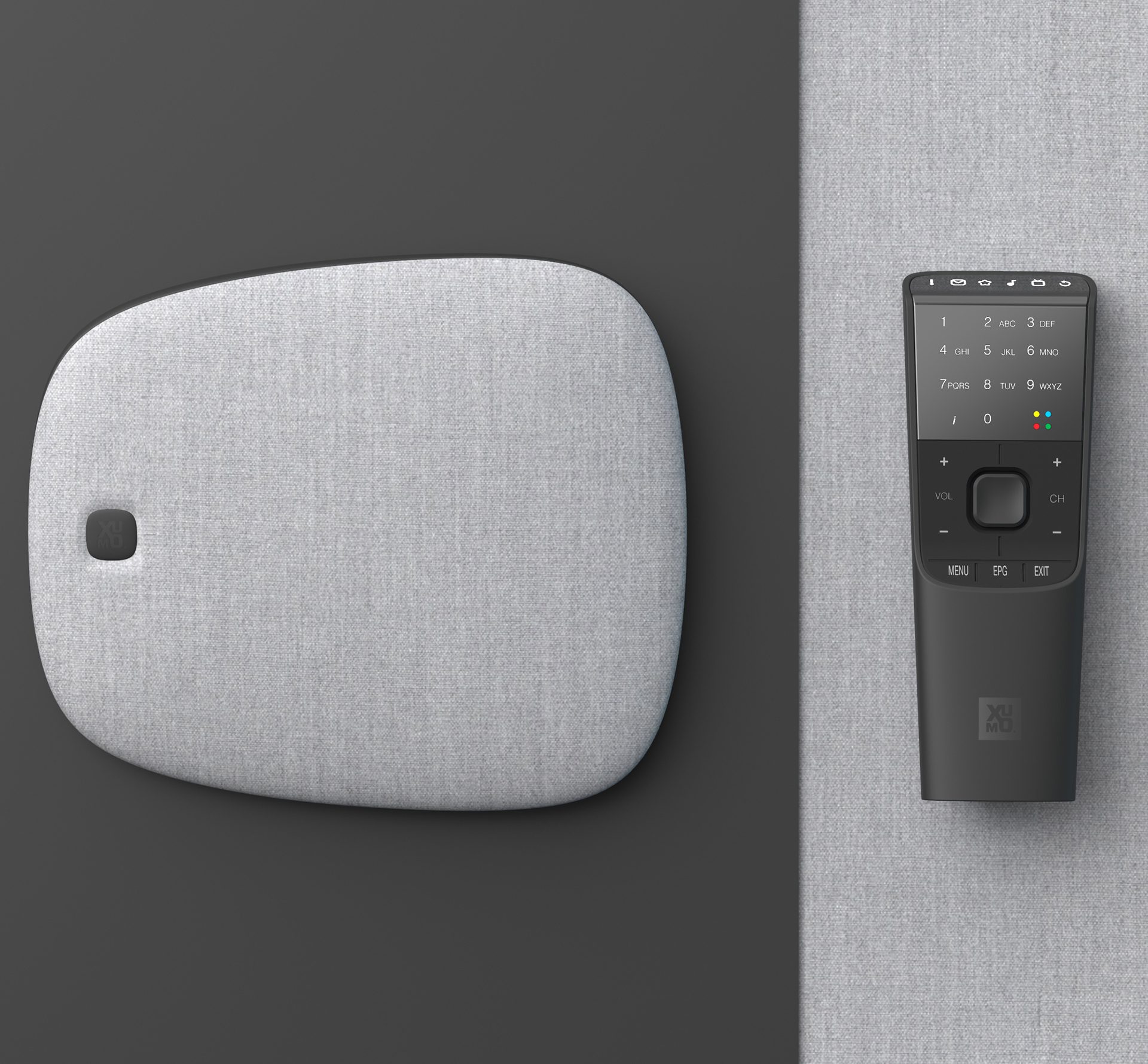 Building a stand-out product identity. Xumo set top box and controller on 2 tone grey background