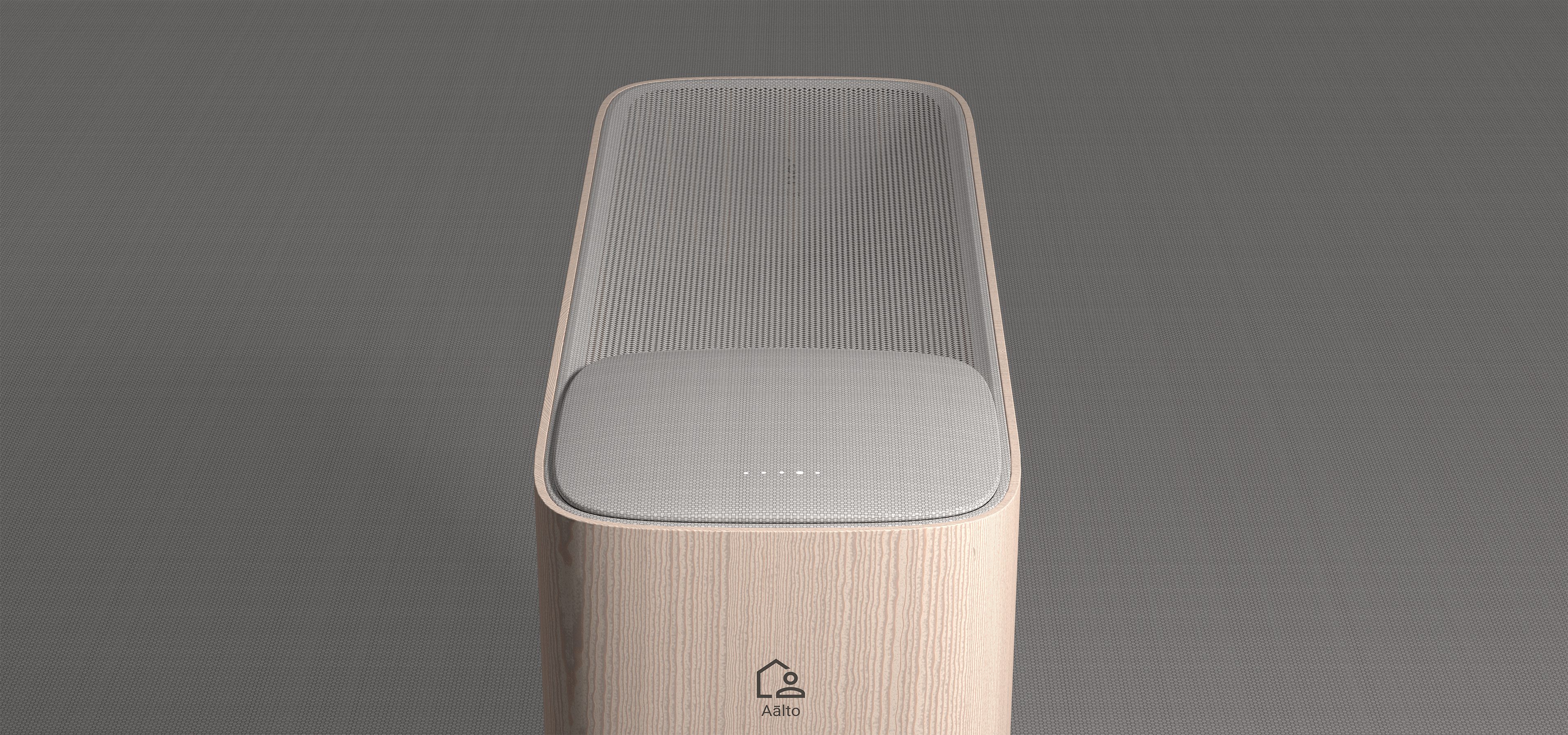 Aalto air purifier. Front view render showing a blond wood body and delicate grey textile top surface.