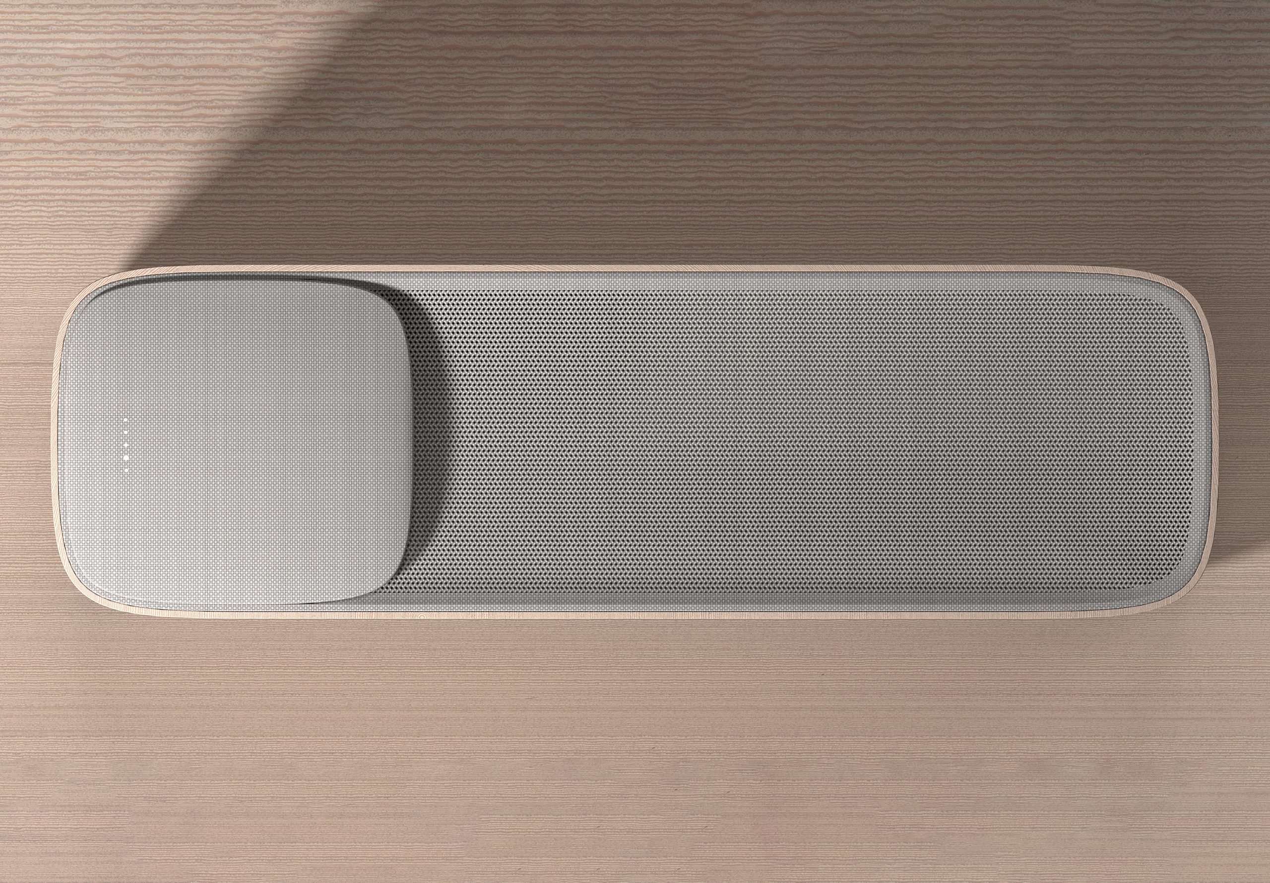 Aalto air purifier by Rodd design. Plan view render set on a timber floor.
