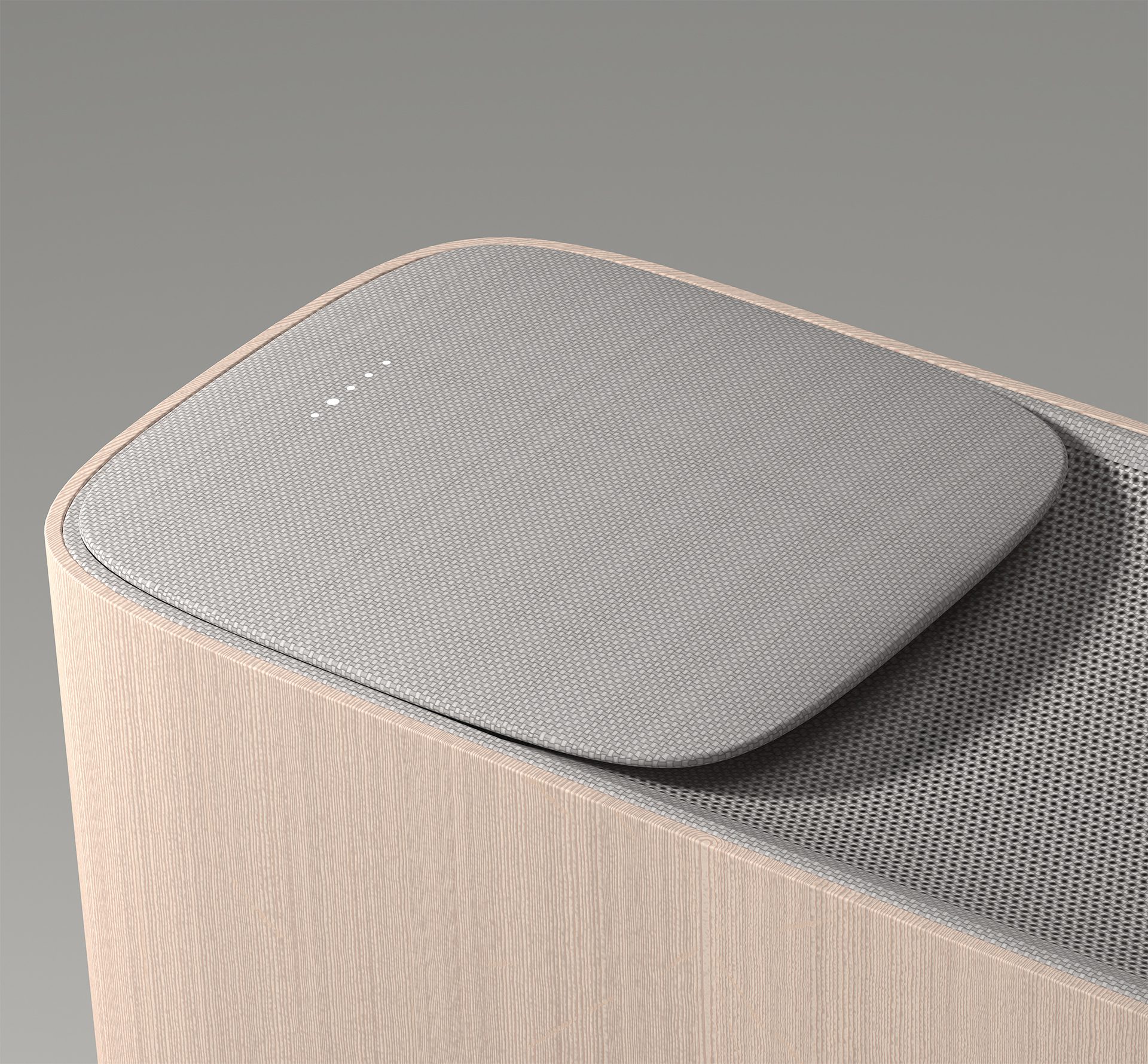 Aalto air purifier control panel detail render. UI panel is shown in its closed position. The UI panel is wrapped in a grey textile and shows white status lights.
