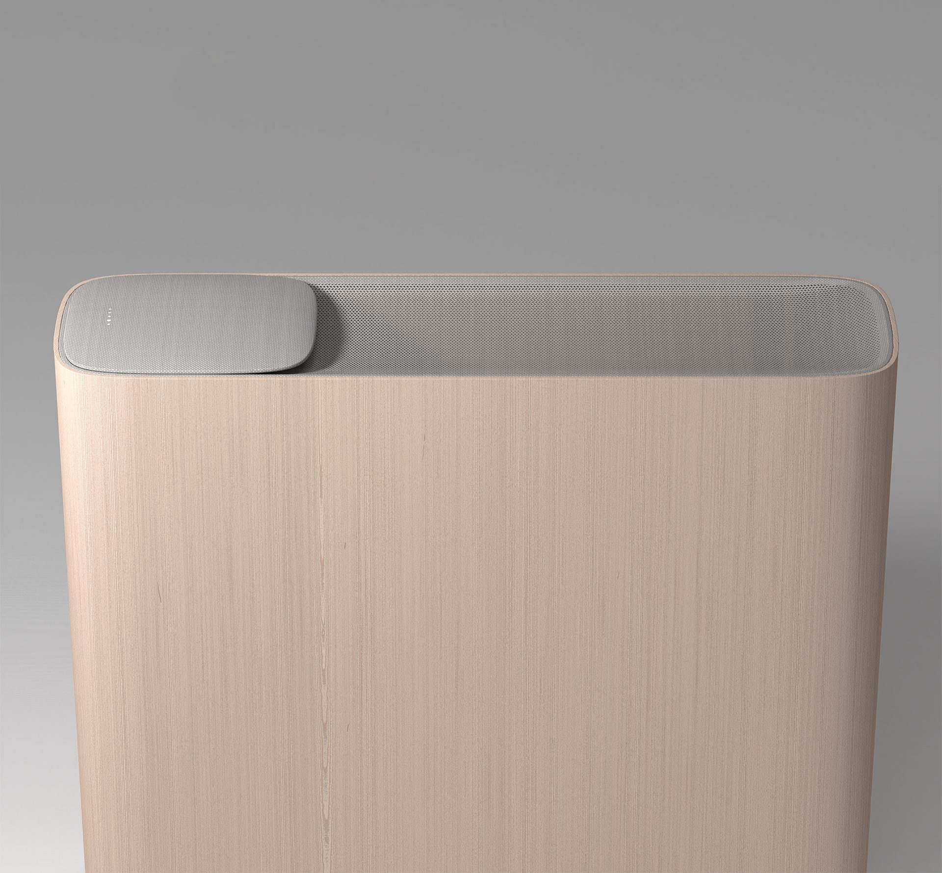Side view of aalto a design concept by Rodd. the image shows a beech timber clad air purifier in side elevation, with pale grey fabric upper set in a pale grey scene.