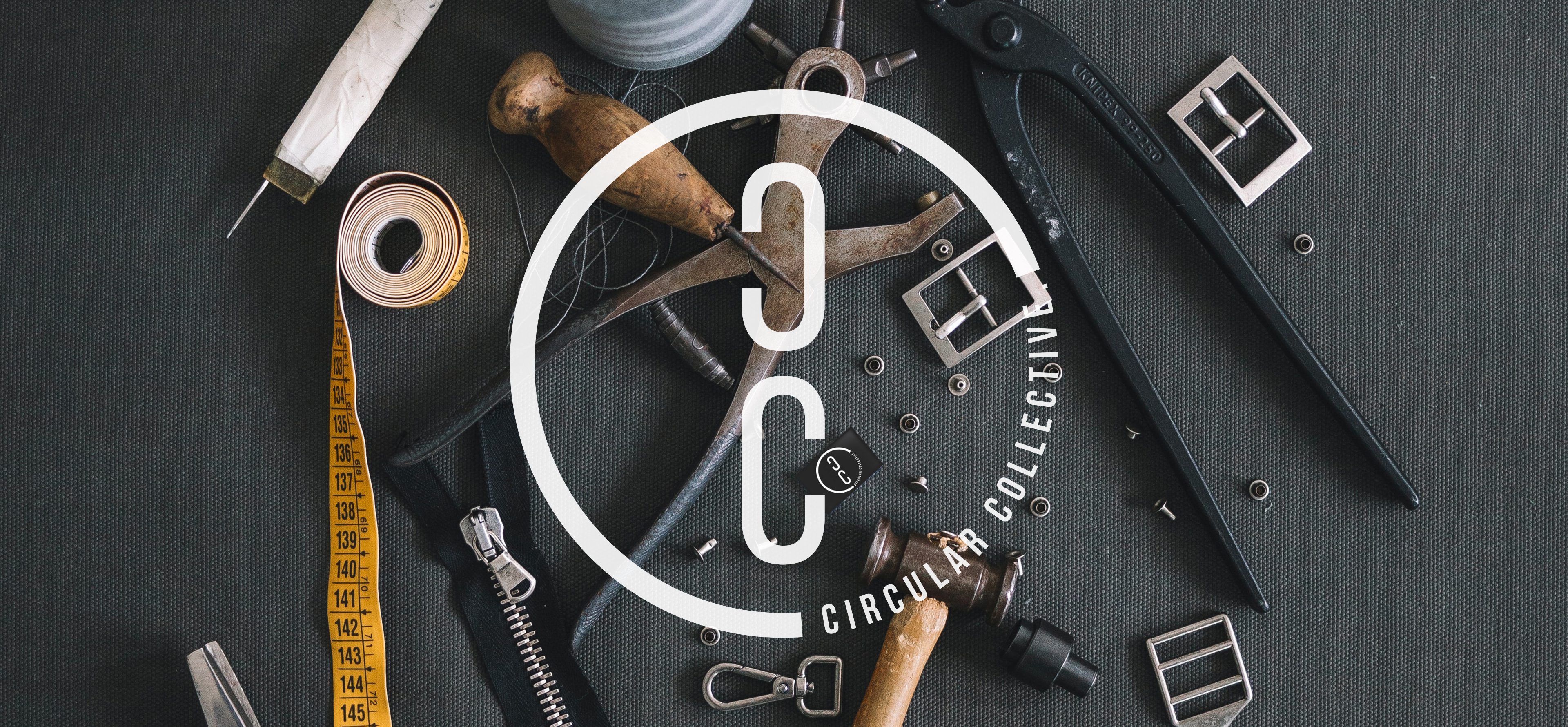 a photoghraphic image depicting 'mending' and thrifting with the circular collective logo overlayed