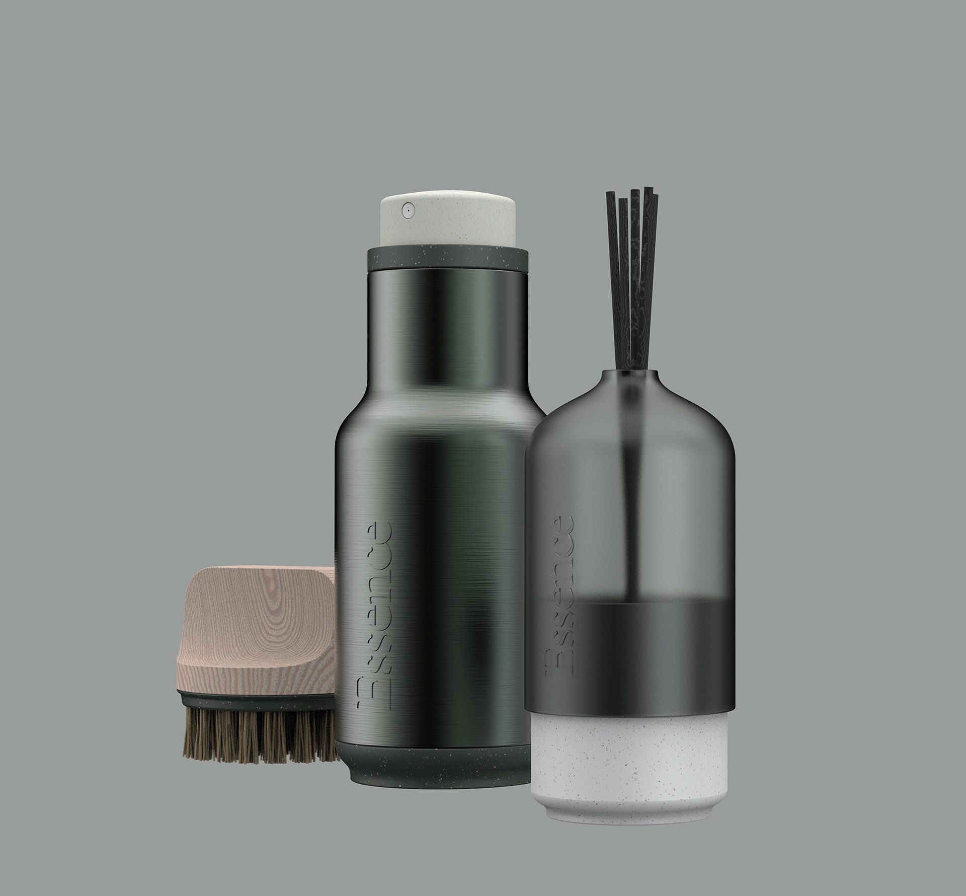 A render showing three Essence branded products on a grey green background