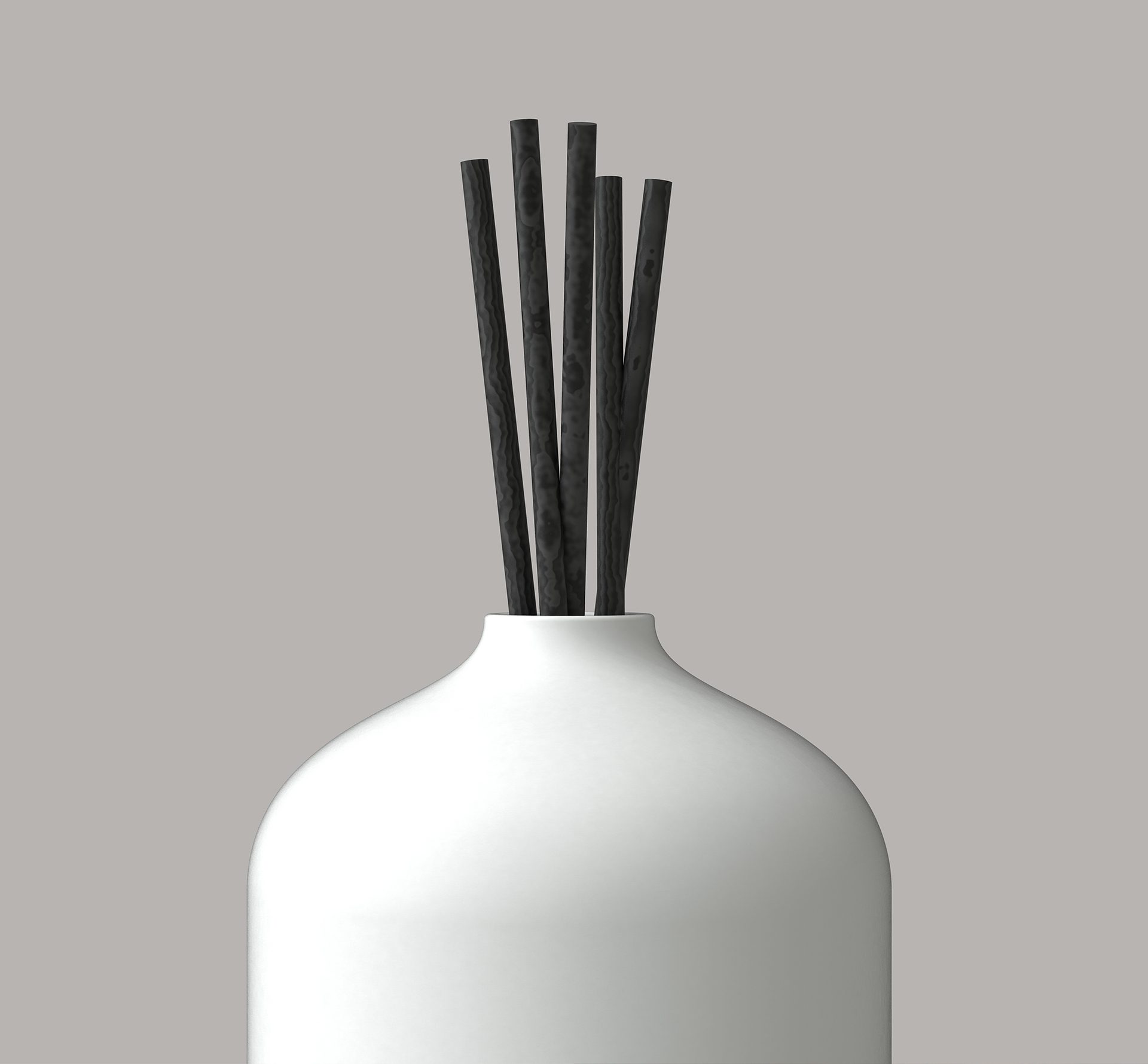 a detail render showing aroma diffusion reeds in a simple white vessel designed by Rodd