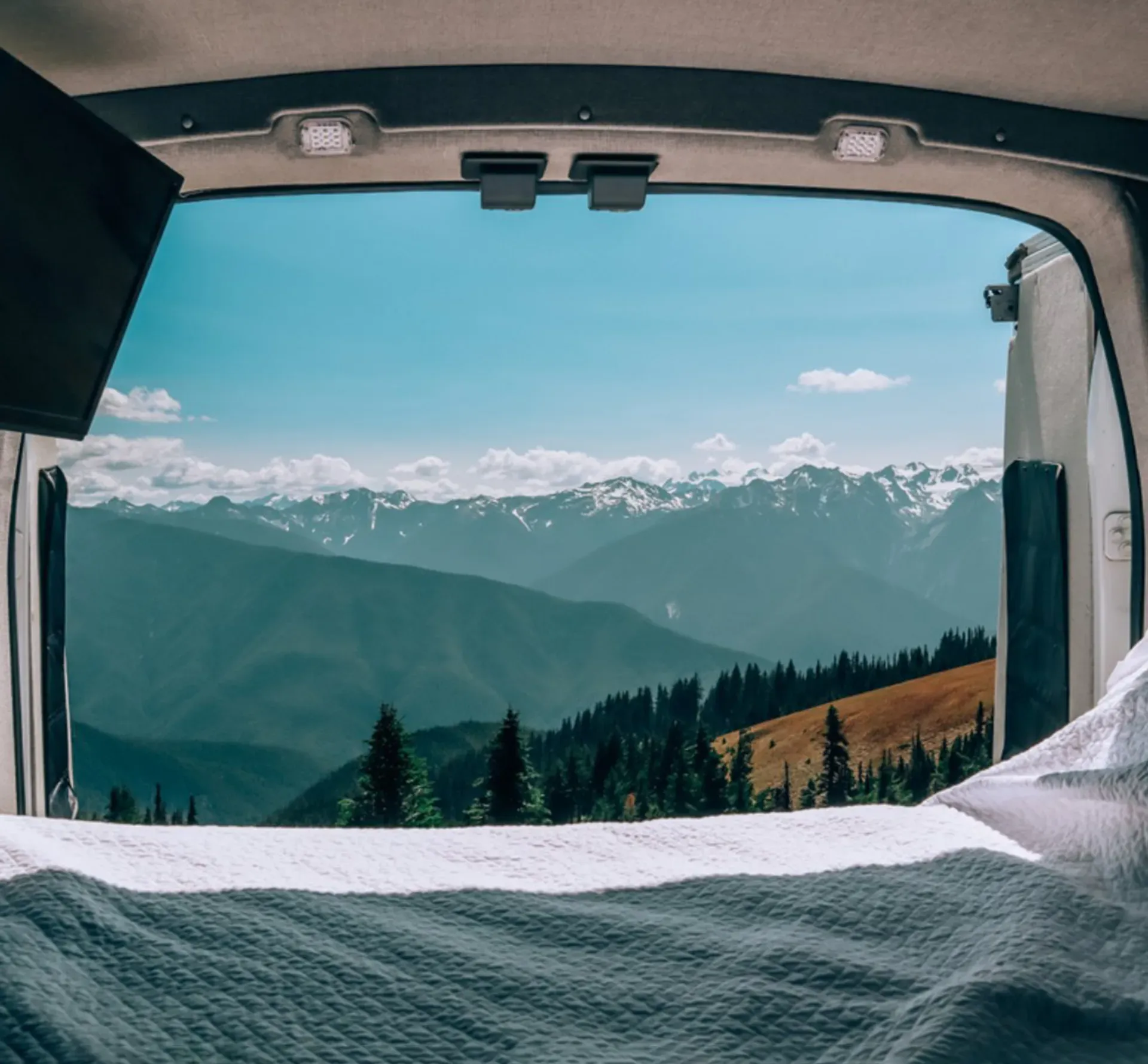 View from campervan across mountains