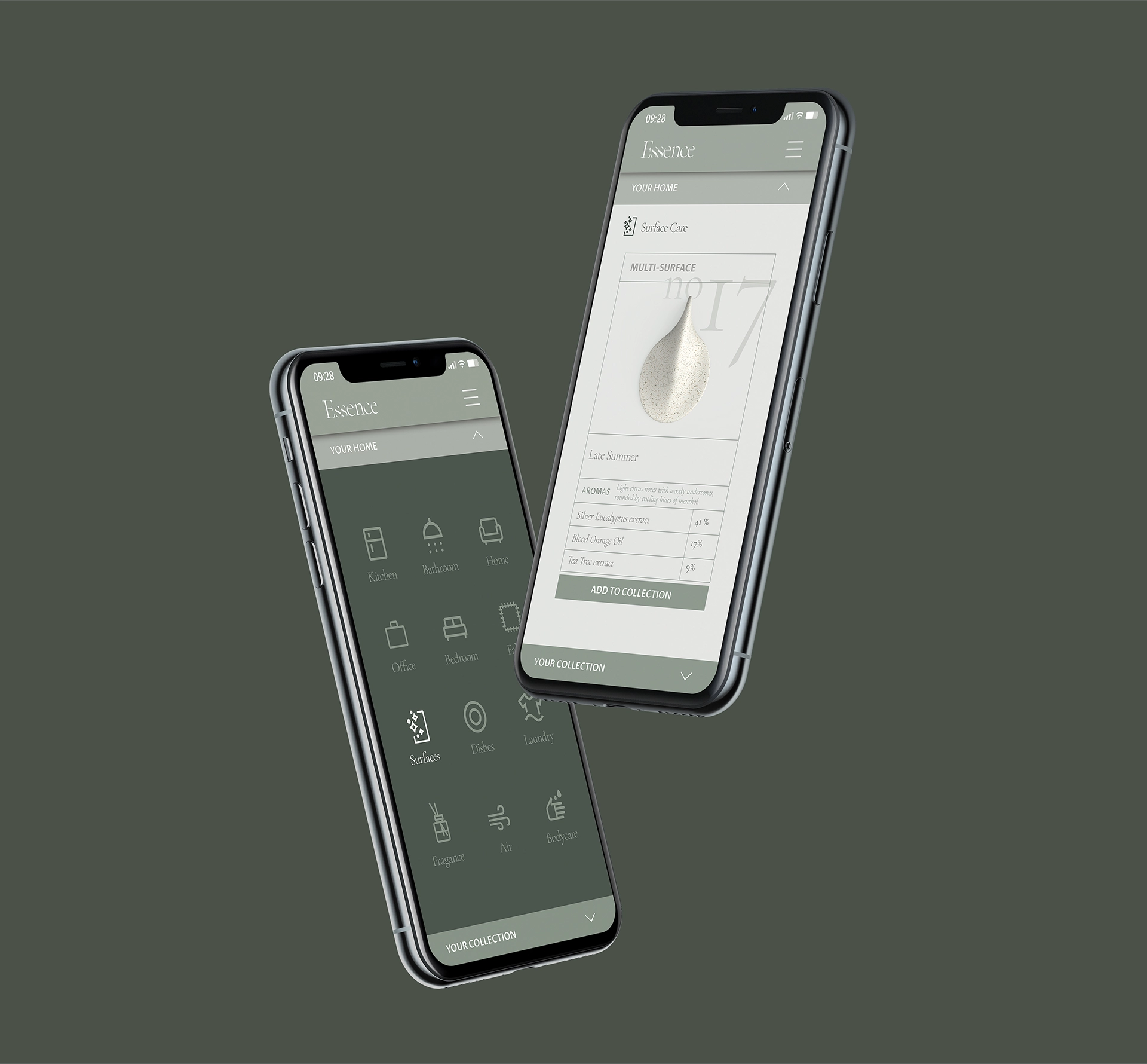 Essence app design on two phones