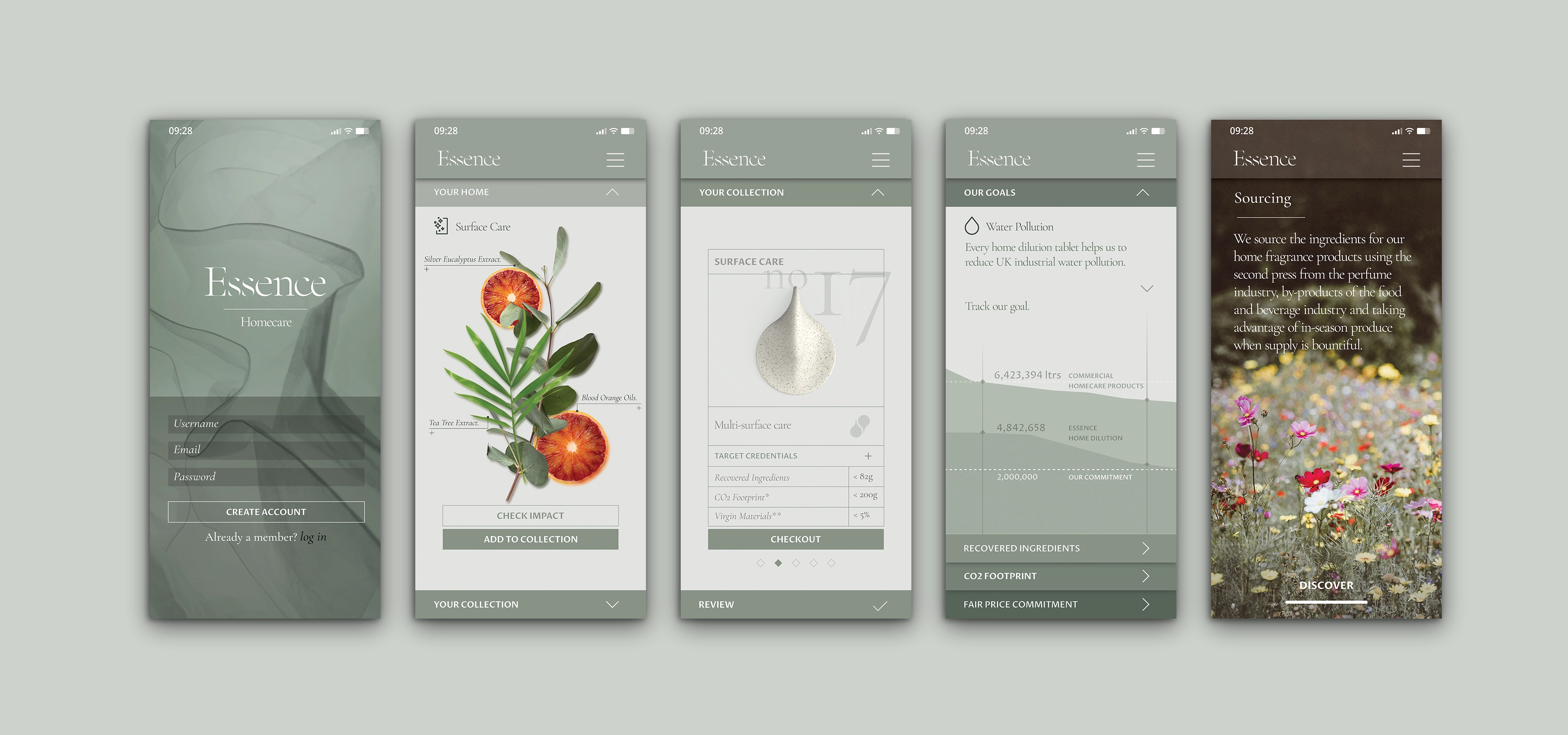 App screens for the Essence digital experience