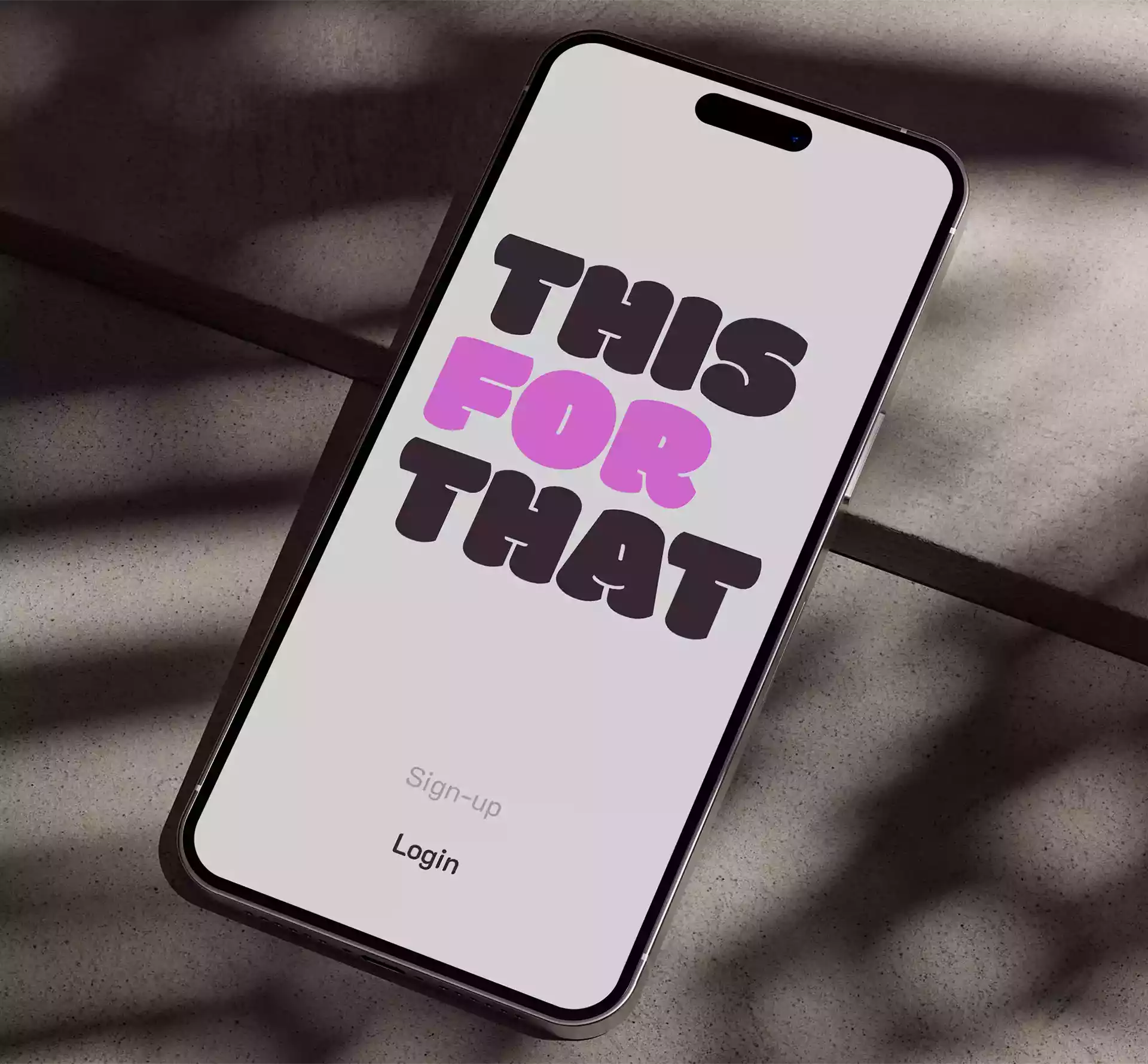 an iphone in shadows showing 'This for That' app design by Rodd