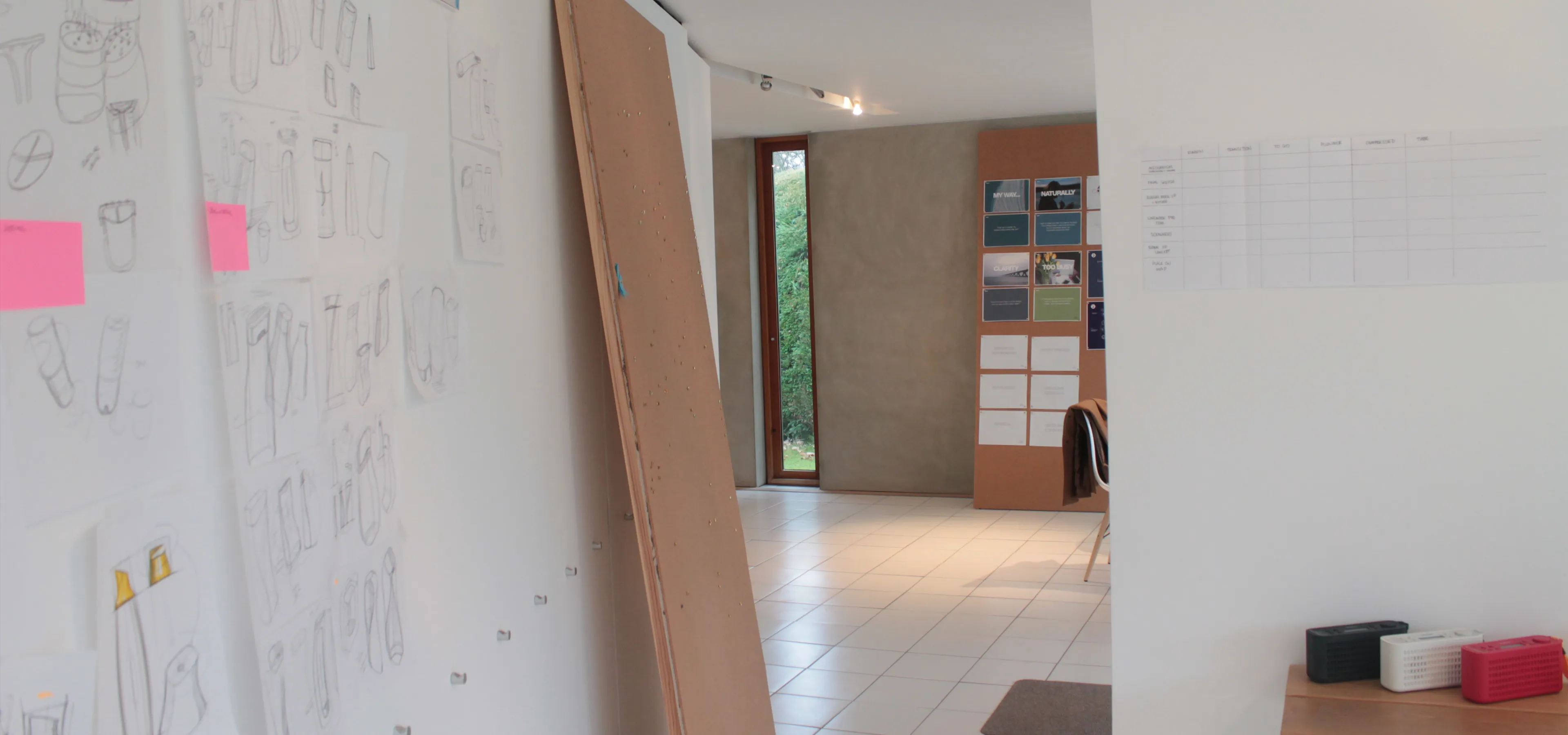 Pinboards and sketches on the wall in the Rodd studio