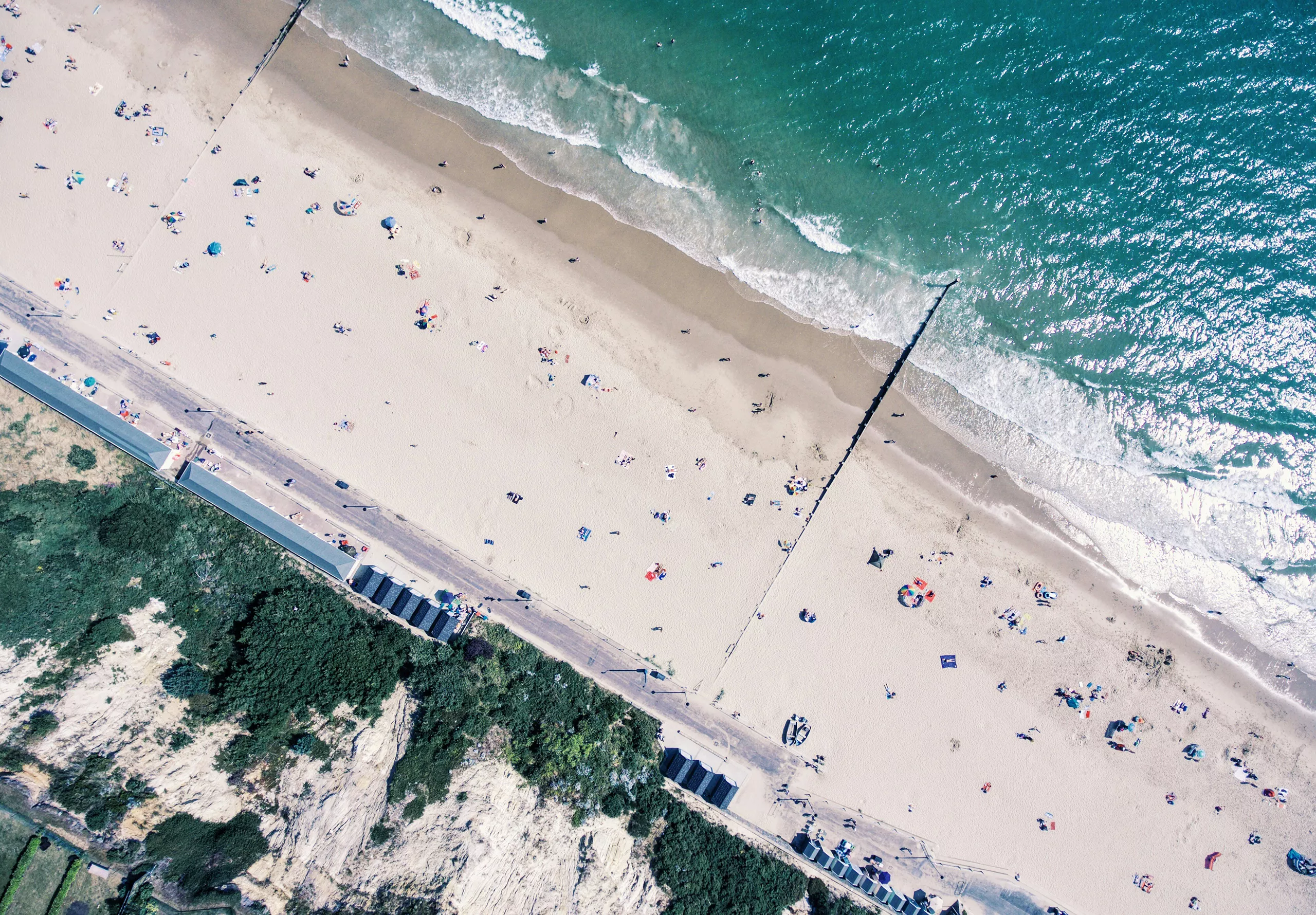 aerial view of swimmers at bournemouth beach