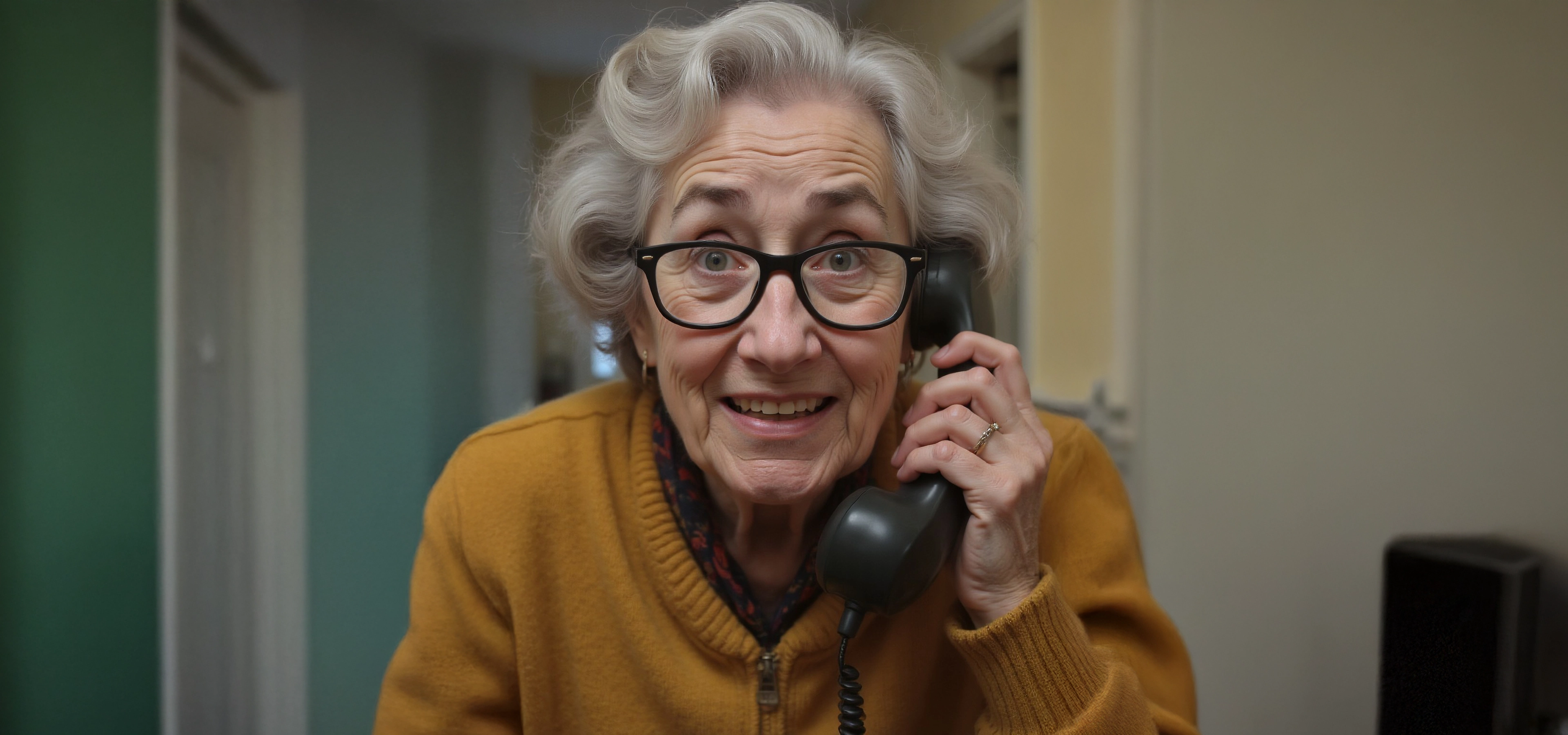 Elderly woman with glasses on an old home phone