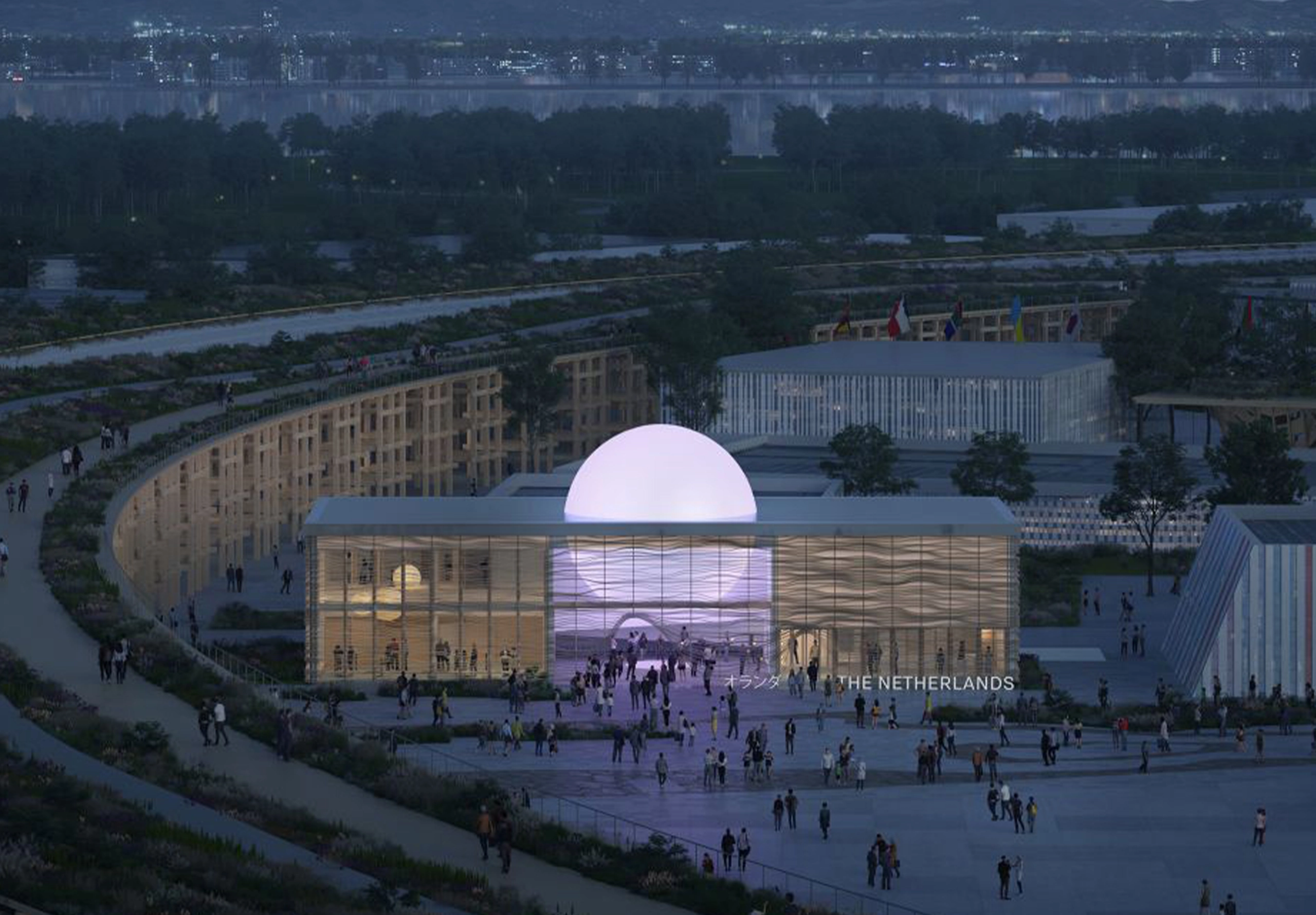 Netherlands pavilion with illuminated sphere