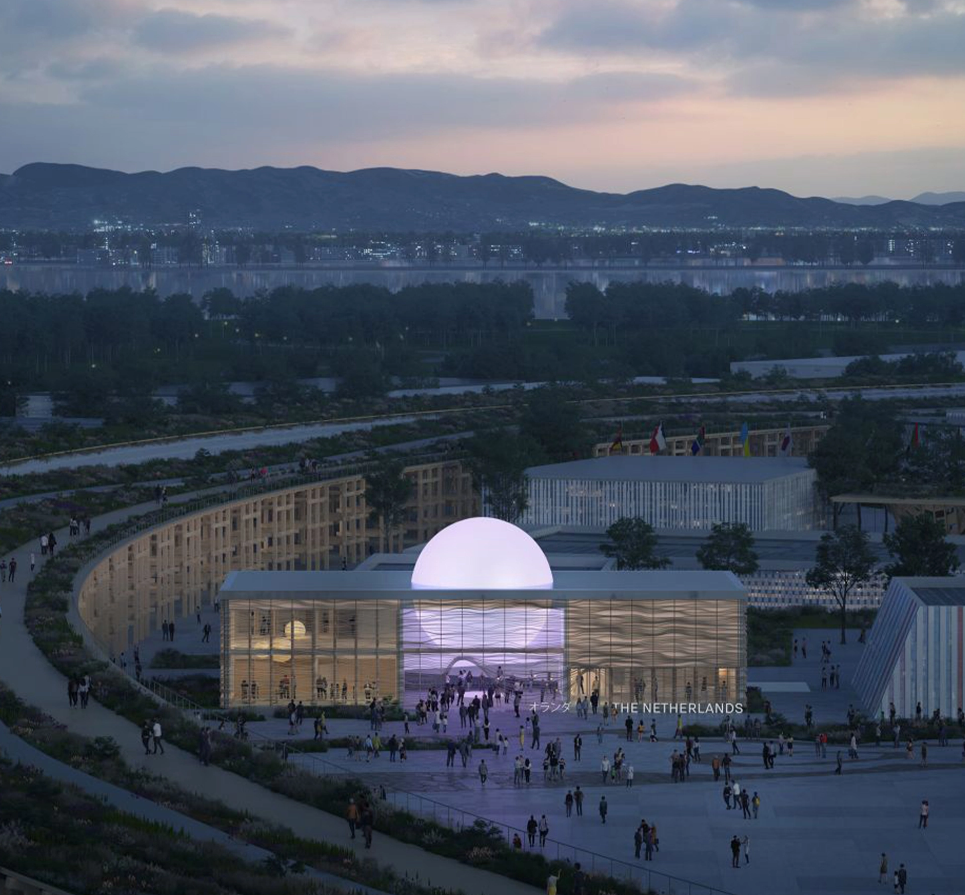 Netherlands pavilion with illuminated sphere