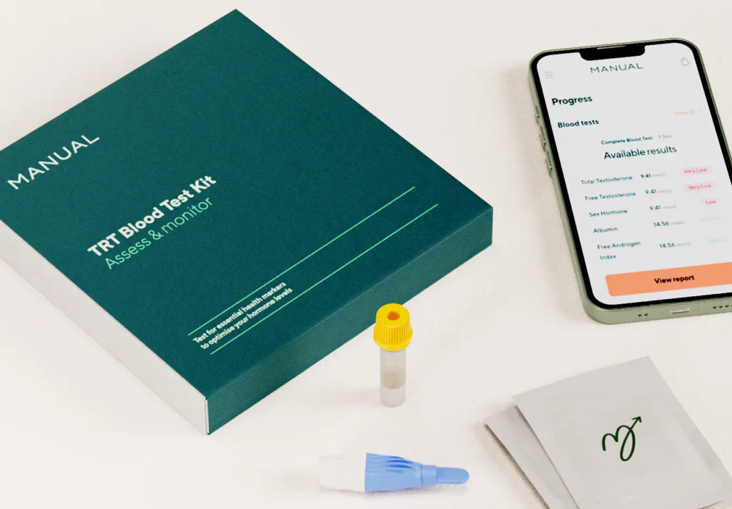 flat lay of phone and app along with testing kit