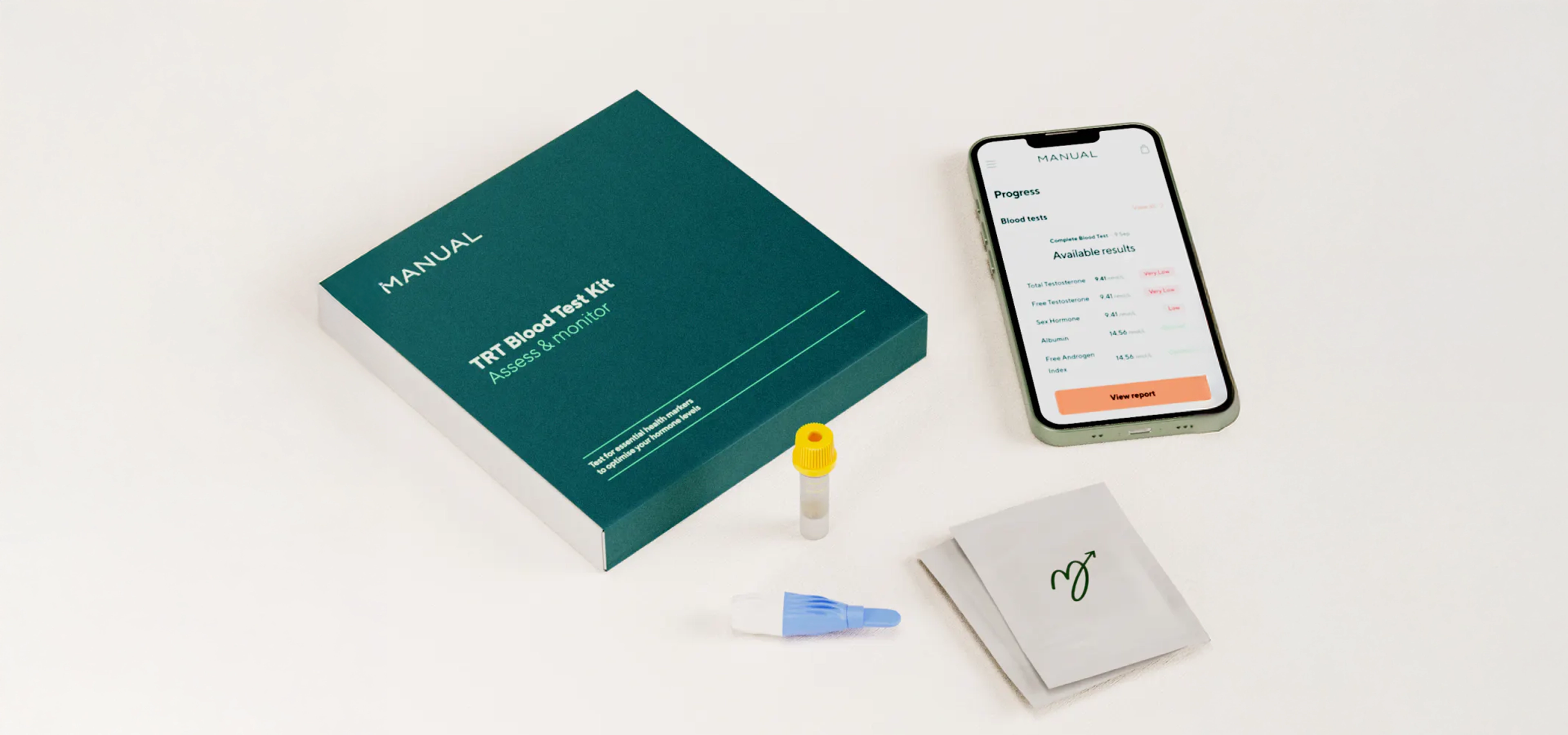 flat lay of phone and app along with testing kit