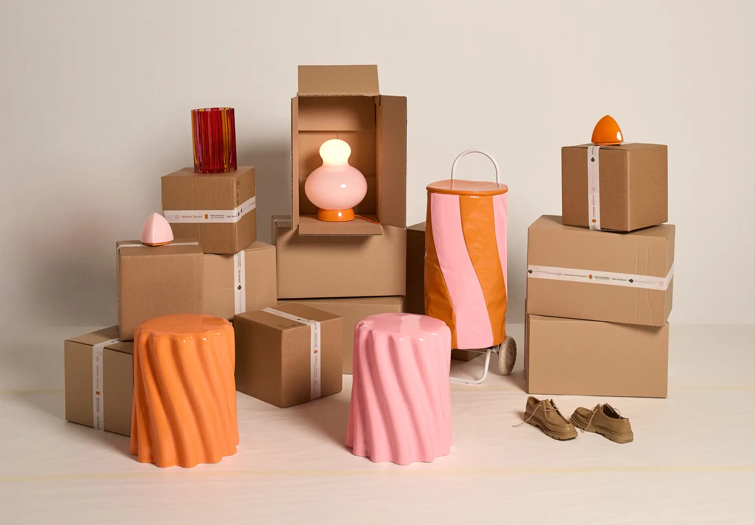 boxes with colourful lamps and stools