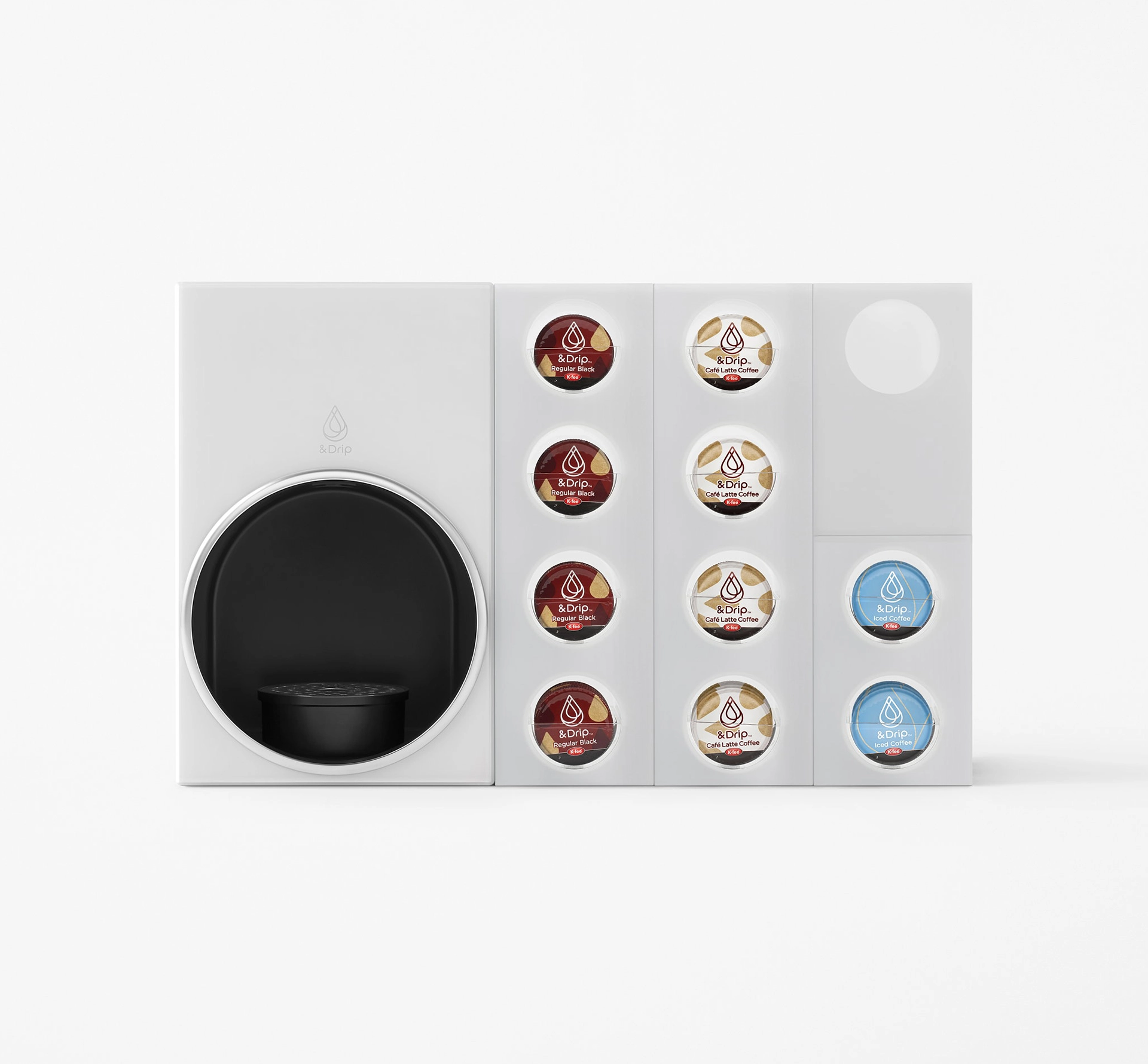A minimal white and black coffee machine with coffee pod storage