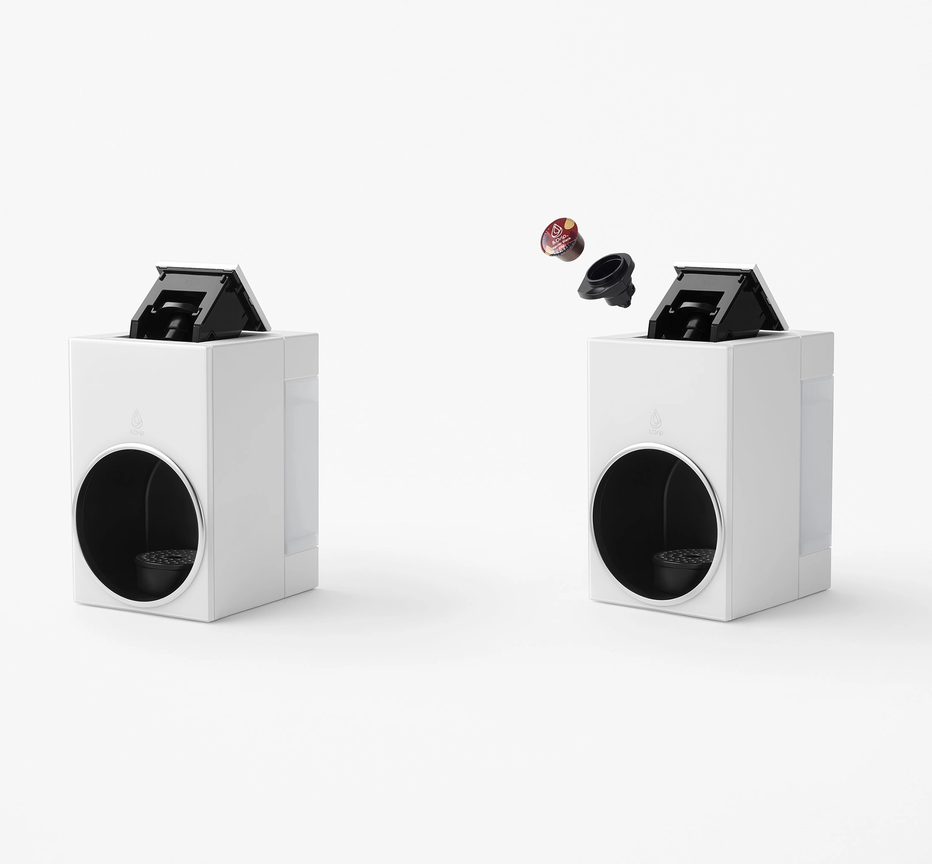 A minimal white and black pod coffee machine