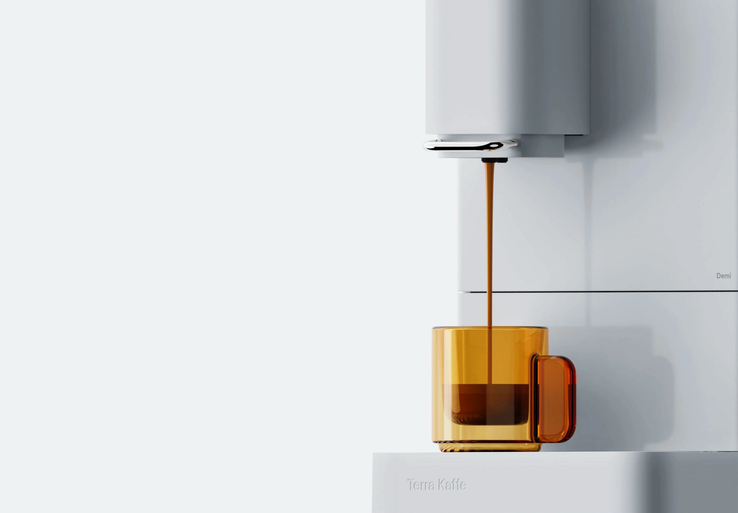 closeup of white espresso machine filling a cup with coffee