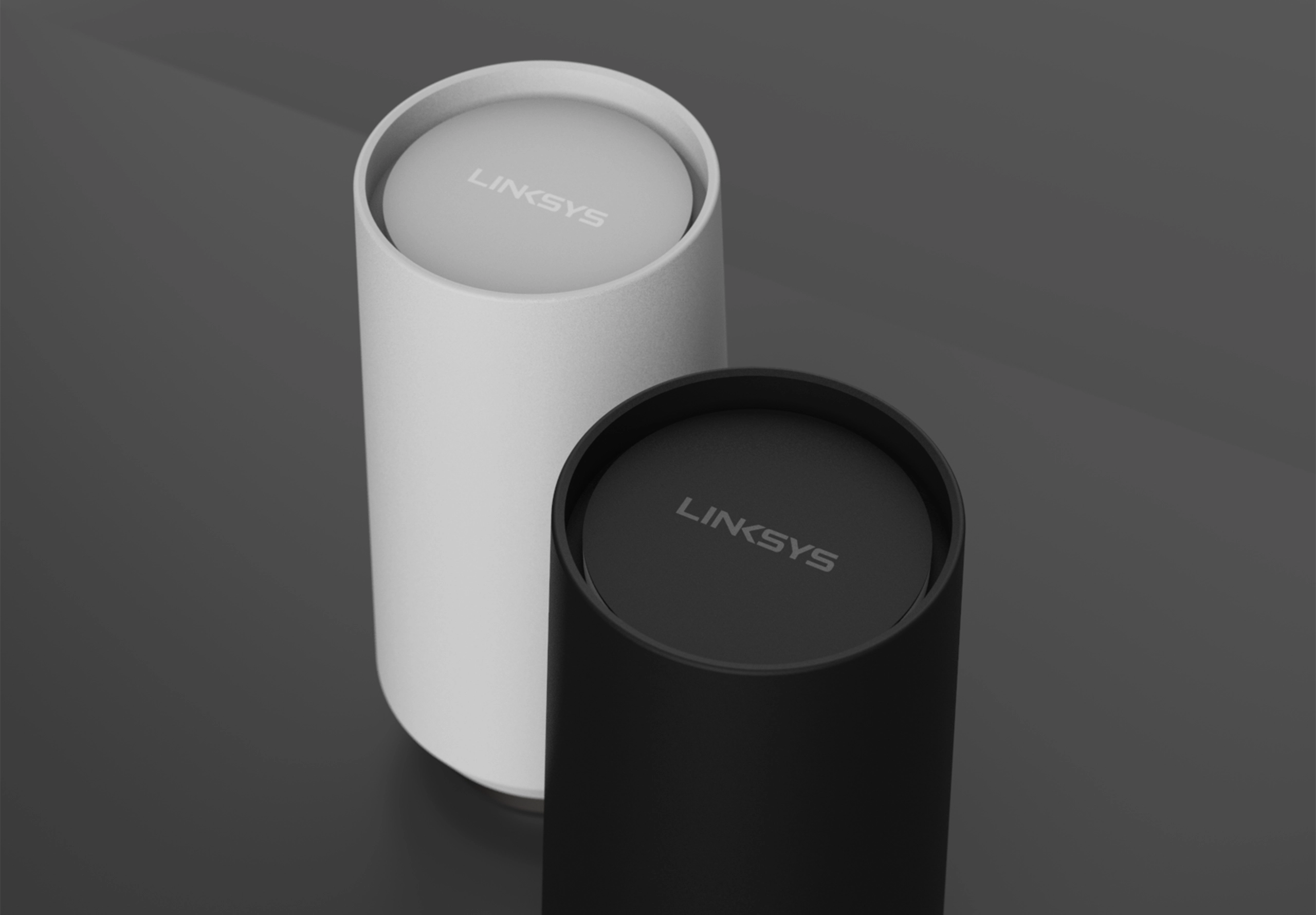 Cylindrical wifi router top detail in black and white