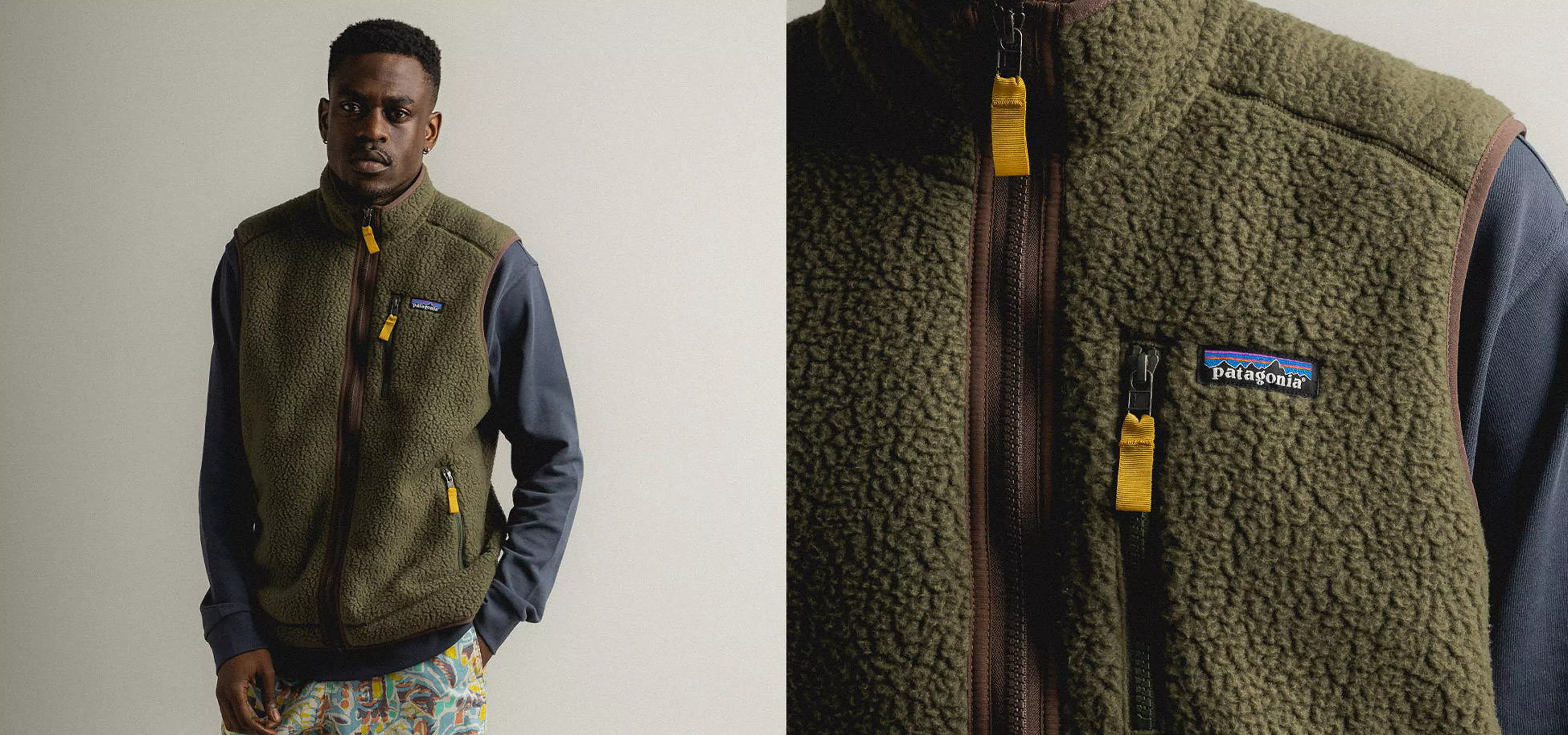 Adsvertising image showing a male model wearing a patagonia gillet alongside a detail shot showing the detail cmf of the gillet